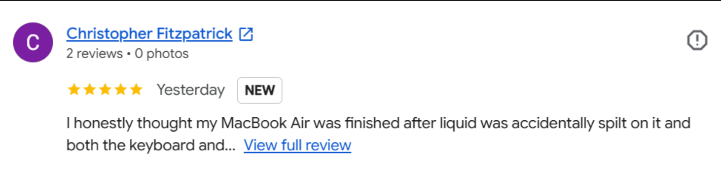 5-star Google review for iPhoneBits MacBook liquid damage repair in Glengormley